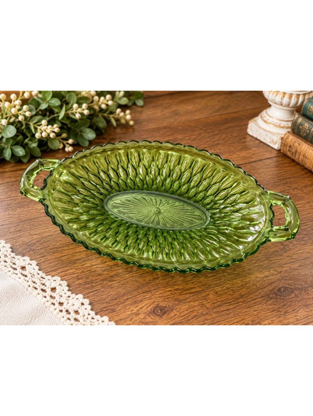 Vintage Avocado Green Pressed Glass Oval Serving Dish with Handles